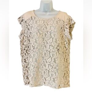 CHICO'S Women's Size 2 (M/12) Taupe Sheer Lace Blouse Cap Sleeve Feminine Boho